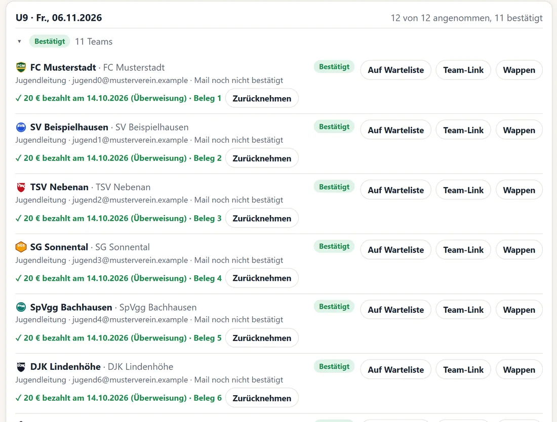 Anmeldungen in der Verwaltung: Teams mit Wappen, bestätigt und Startgebühr bezahlt mit Beleg