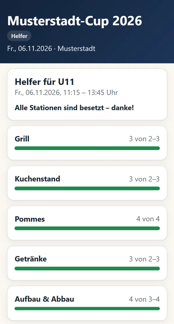 Helferliste am Handy: alle Stationen besetzt