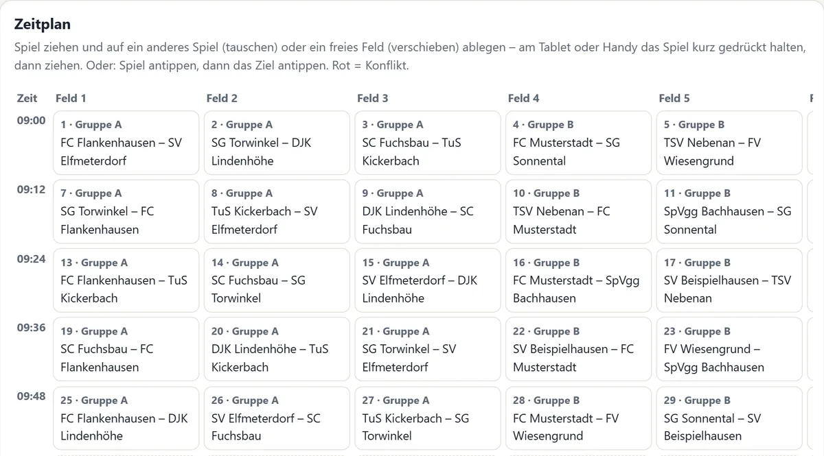 Zeitplan in der Verwaltung: Gruppenspiele auf sechs Feldern, danach Halbfinale und Spiel um Platz 3
