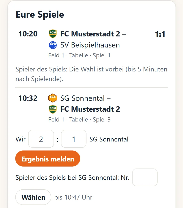Team-Link am Handy: Ergebnis 2:1 eintragen, Spieler des Spiels wählen